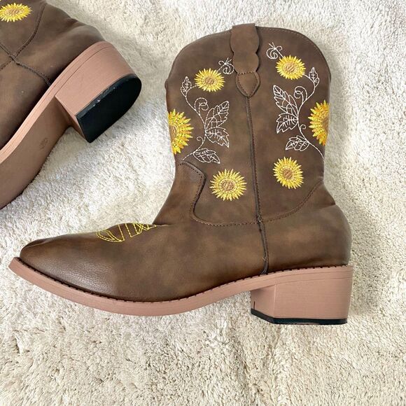 Nokio Iconic Flower Embroidered Brown Yellow Mid Calf Western Cowgirl Boots US 8 - Picture 6 of 8